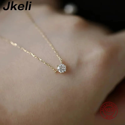 Jkeli 925 Sterling Silver Necklace - 18k Gold Plated with Single Sparkling Zircon, Women's Clavicle Chain for Weddings