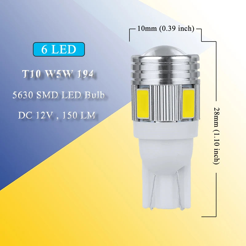 Car LED Bulb T10 W5W 194 – 12V 5630 SMD, 7000K White Light for Interior, Dome, Maps, License Plate and Trunk | Wedge Side Lamp Signal Light