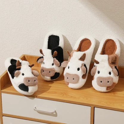 New Winter Cartoon Cow Warm Plush Slippers: Unisex Couple's Indoor Non-Slip House Slides - Toe Wrap Cotton Shoes