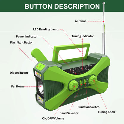 10000mAh Multifunctional Emergency Radio - Hand Crank & Solar Powered, USB Charging, FM/AM/WB/NOAA, with LED Flashlight and Power Torch