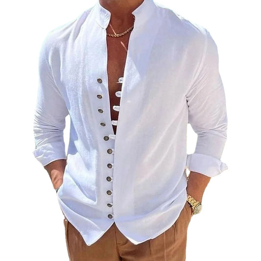 Men's Casual Long Sleeve Shirt – Solid Color, Loose Fit, Button-Up Vintage Shirt for Spring and Autumn, Big Size