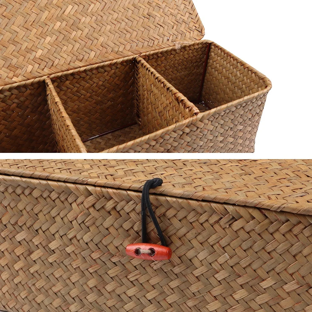 Hand Woven Storage Baskets with Lid - Rectangular Dust-Proof Clothing Storage Box, 3-Grid Wardrobe Container for Sundries Organizer