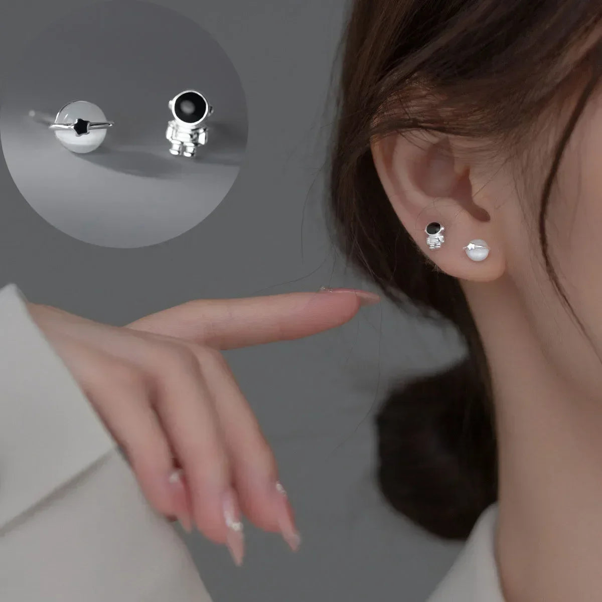 Silver-Plated Asymmetric Space Astronaut and Planet Opal Stud Earrings for Women | Cute Simple Ear Piercing Jewelry