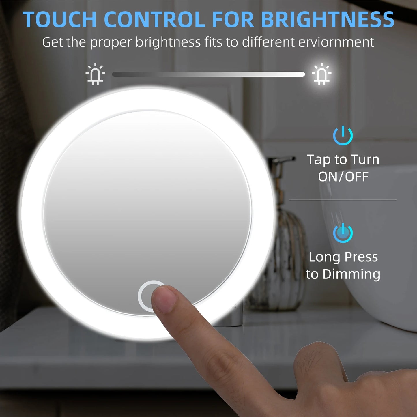 Compact Mirror with Natural LED Light - 4" Rechargeable Magnifying Travel Makeup Mirror, Includes 3 Suction Cups