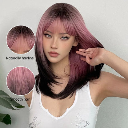 LOUIS FERRE Black Pink Ombre Synthetic Cosplay Wig: Long Straight Layered Wig with Bangs - Heat Resistant Fake Hair for Women