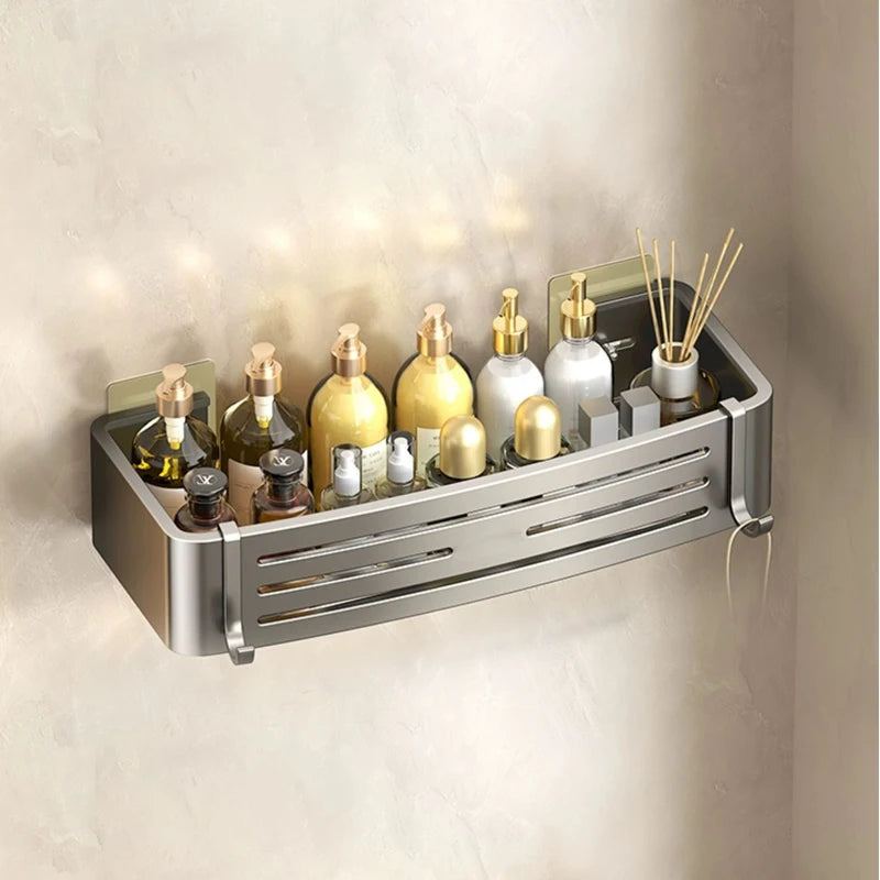 No Drill Wall Mounted Bathroom Shelf - Aluminum Alloy Shampoo and Makeup Storage Holder, Kitchen Organizer and Bathroom Accessories