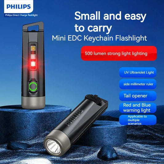 PHILIPS EDC LED Flashlight - Rechargeable Mini Keychain Light for Camping, Hiking & Self-Defense