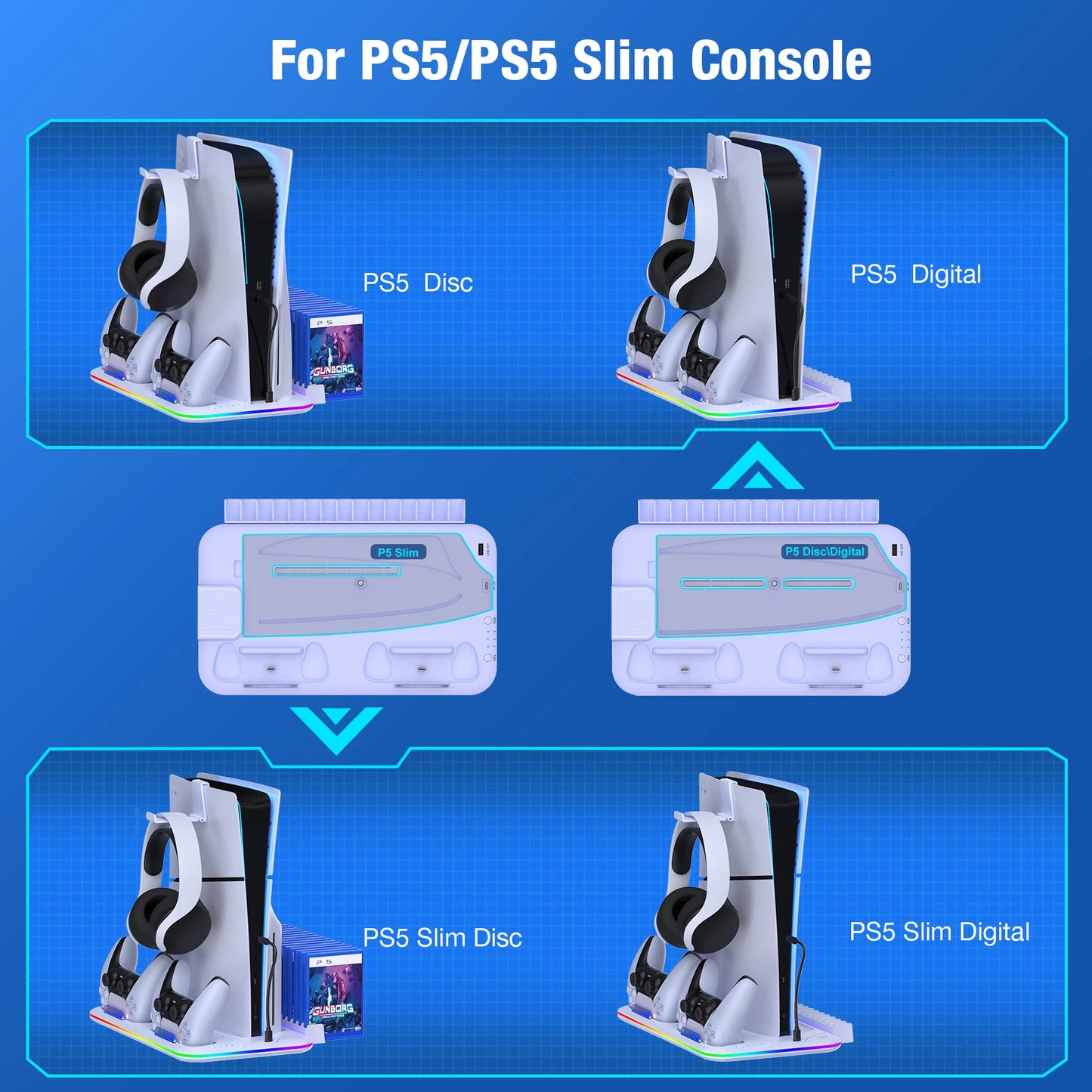 PS5 Slim Cooling Stand with RGB Light Fan - Dual Controller Charging Dock for PS5 Console (Disc & Digital Editions) | Controller Holder