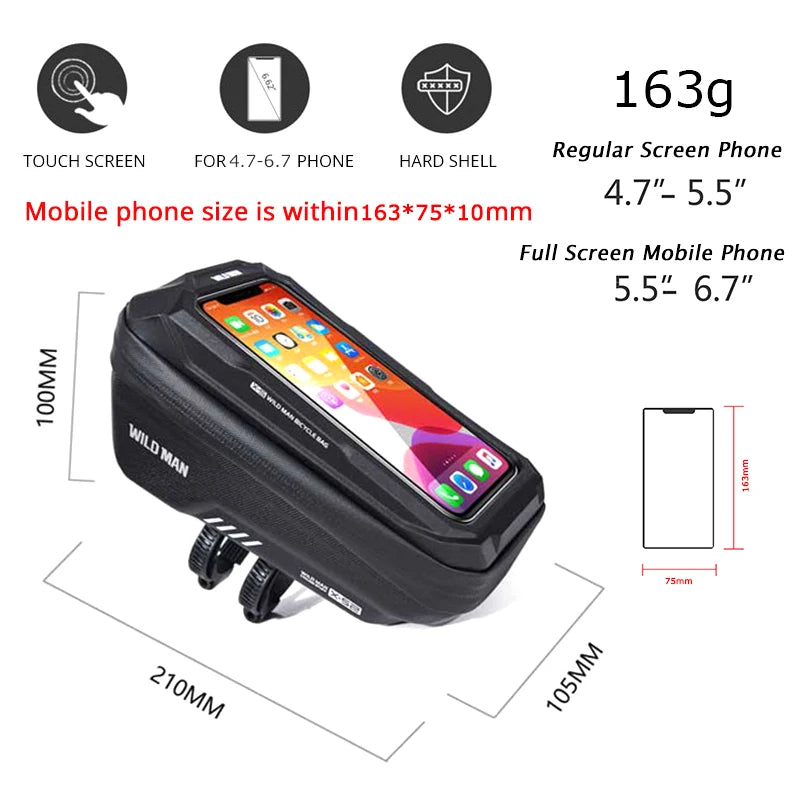 WILD MAN Mountain Bike Bag: Front Handlebar Rainproof Mobile Phone Case - Bicycle Top Tube Bag for Cycling Accessories