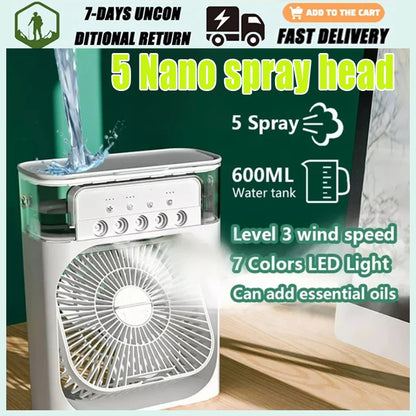 Portable 3-in-1 USB Fan Air Conditioner – Electric Fan with LED Night Light and Water Mist Humidifier