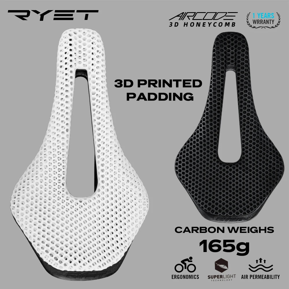 RYET Ultralight 3D Printed Bicycle Saddle: Carbon Fiber Hollow Comfort for MTB, Gravel, Road Bike - Breathable Cycling Seat Parts