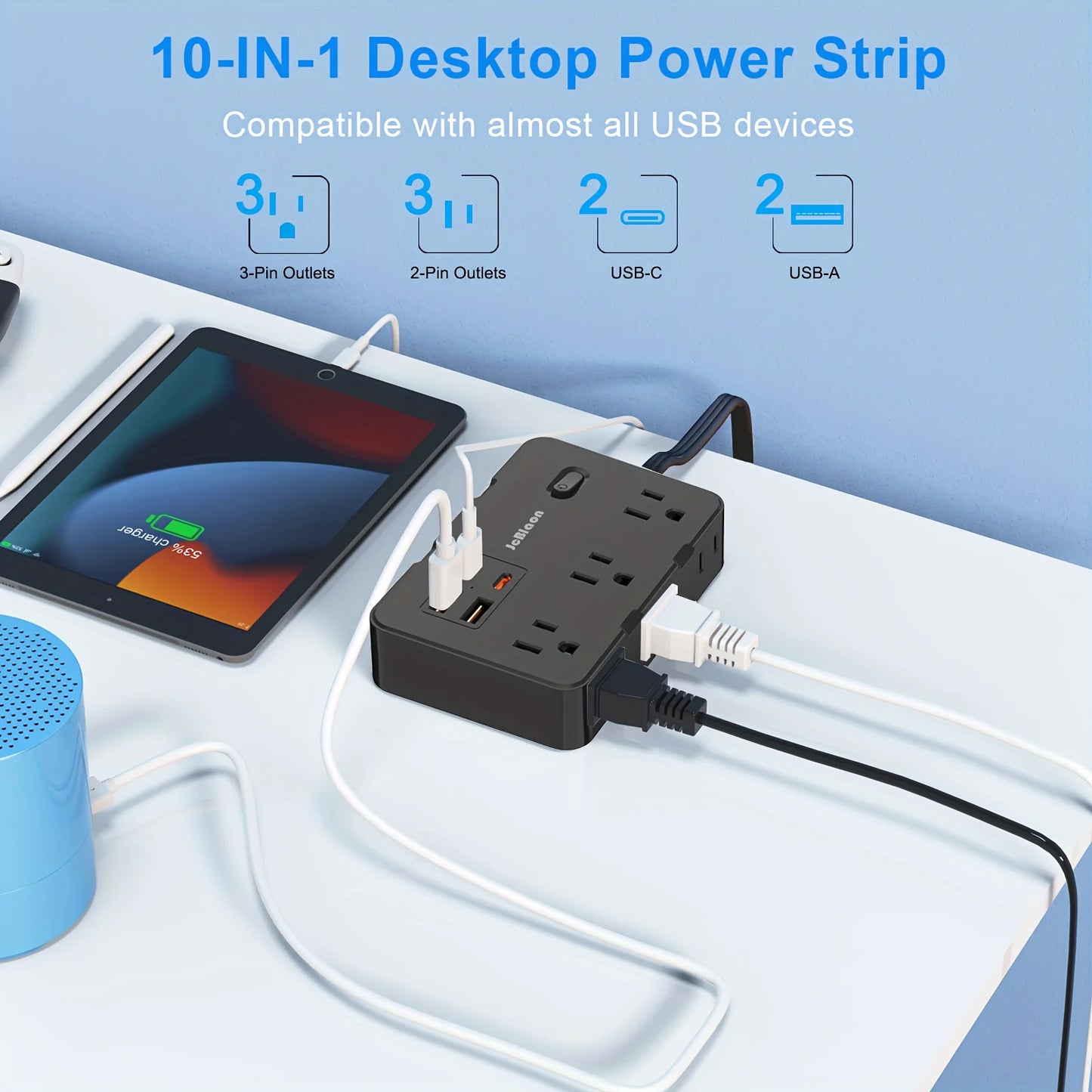 Ultra Thin Flat Plug Extension Cord - 5ft Surge Protector Power Strip with 4 USB Ports (2 USB C) - 6 Widely Spaced Outlets Extender