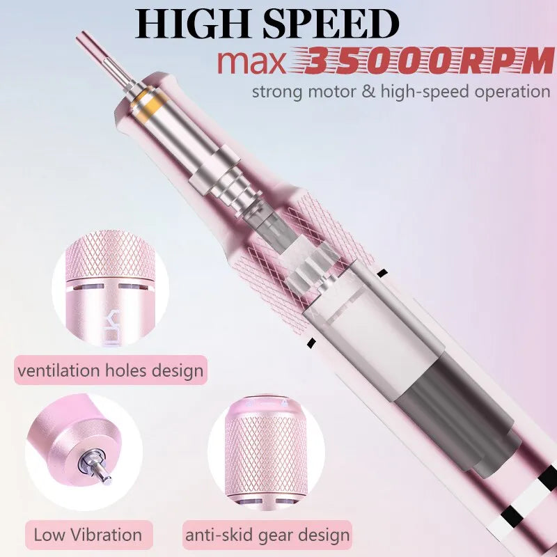 Professional 35000RPM Electric Nail Drill Manicure Machine - Pause Mode Electric Nail File Sander for Acrylic and Gel Nails