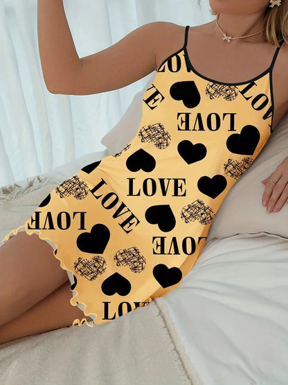 Casual Heart and  Letter Print Nightdress - Lettuce Trim Sexy Slip Short Nightdress, Women's Sleepwear and Dresses