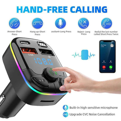 Bluetooth 5.0 Car FM Transmitter | PD Type-C Dual USB Charger and MP3 Player | 18W Handsfree QC3.0