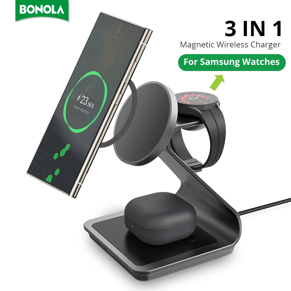 Bonola Magnetic 3 in 1 Wireless Charger Station - 25W Fast Charging Stand for Samsung S24 Ultra/S23, Galaxy Watch 7/6/5, Earbuds