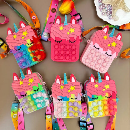 Cute Unicorn Silicone Messenger Bag for Girls | Coin Purse & Decompression Pop Fidget Toy | Children's Accessory