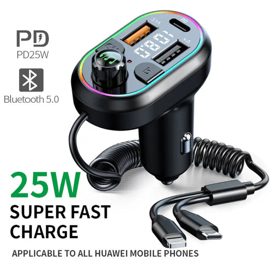 Car Bluetooth 5.0 FM Transmitter: Wireless Audio Receiver & MP3 Player with 25W PD Fast Charge - Includes Apple Type-C Port Charging Cable