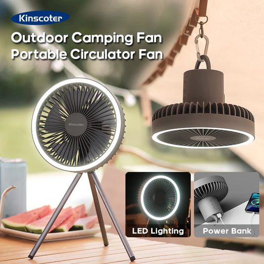 10000mAh/4000mAh Rechargeable Camping Fan - Desktop Portable Circulator with Wireless Ceiling Electric Fan, Power Bank, LED Lighting