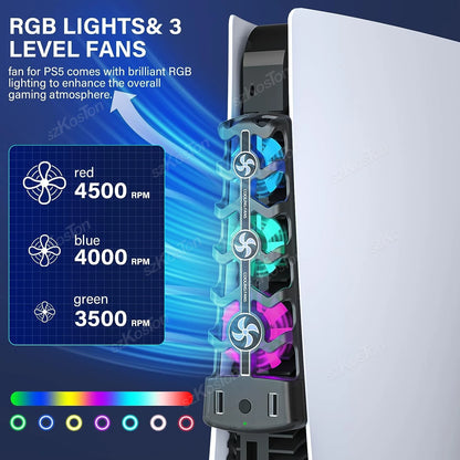 PS5 RGB Cooling Fan | Efficient Cooling System, Quiet Cooler Fans for Disc and Digital Edition Console Accessories