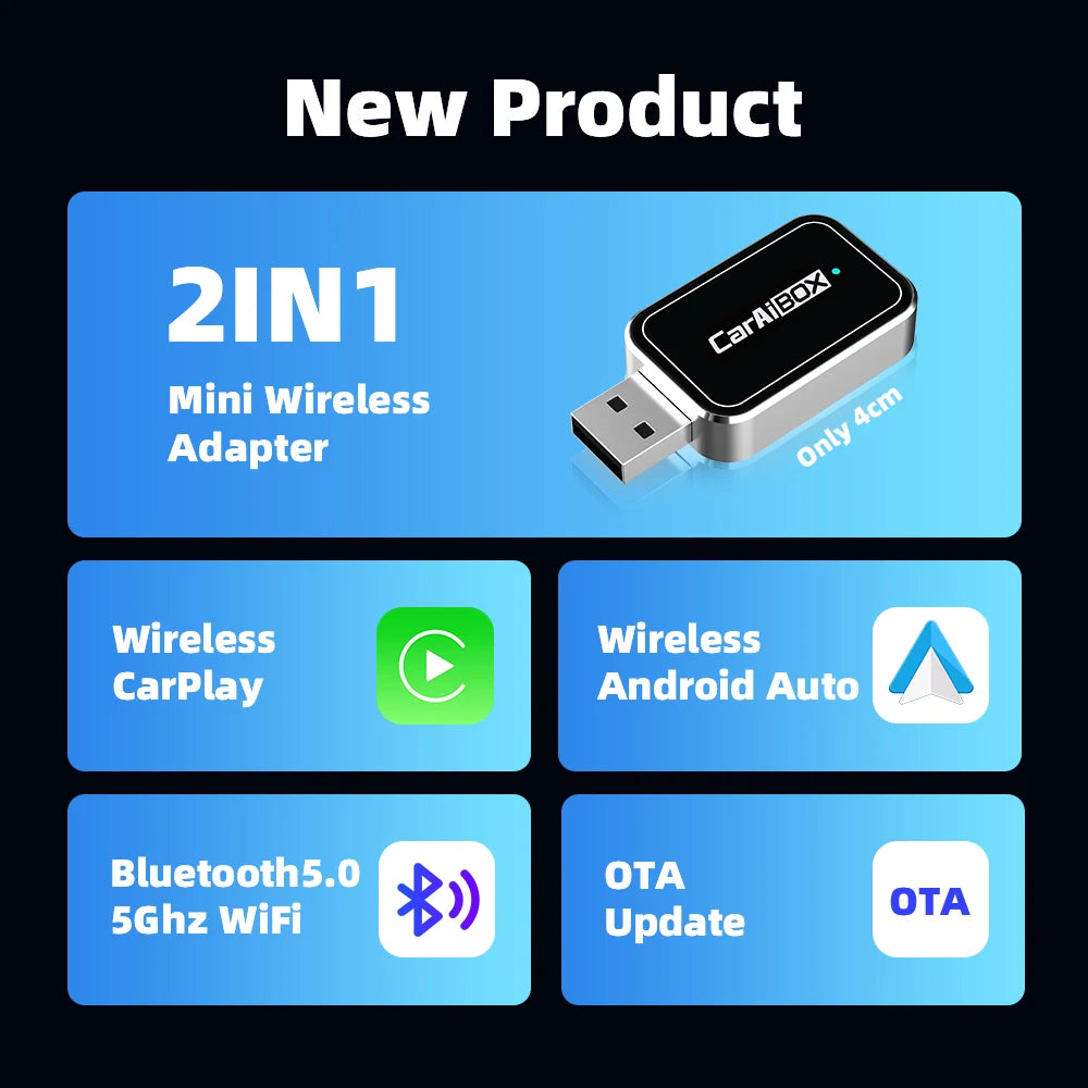 CarAIBOX 2 in 1 Wireless Adapter – CarPlay and Android Auto Dongle Box for Car Radios with Wired CarPlay