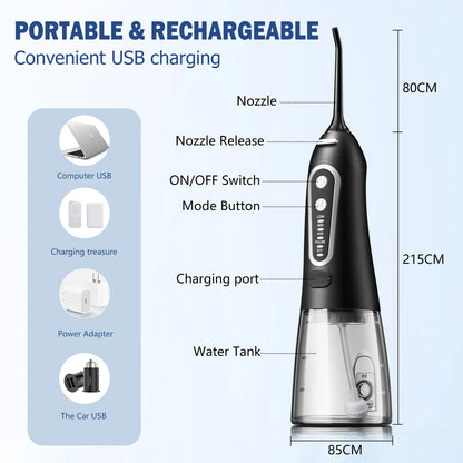 USB Rechargeable Oral Irrigator - Portable Dental Water Jet with 300ML Water Tank - Waterproof Teeth Cleaner for Oral Care