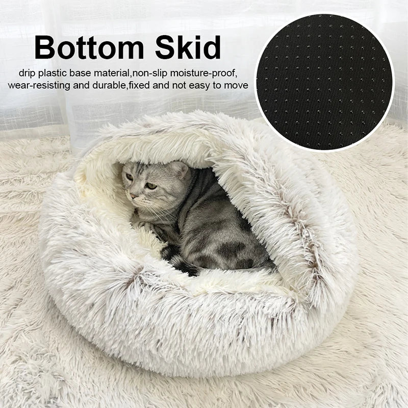 Winter Long Plush 2-in-1 Pet Cat Bed | Round Cushion & Sleep Bag | Warm Cat House & Nest Kennel for Small Dogs & Cats