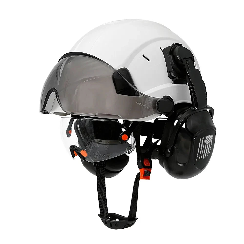 CE Certified Construction Safety Helmet: Visor, Built-In Goggles, Earmuffs - ANSI Industrial Head Protection for Engineers