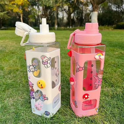 Kawaii Water Bottle with Straw: 3D Cute Bear Sticker, BPA-Free Plastic Square Sippy Cup - Portable 700ml Drinkware