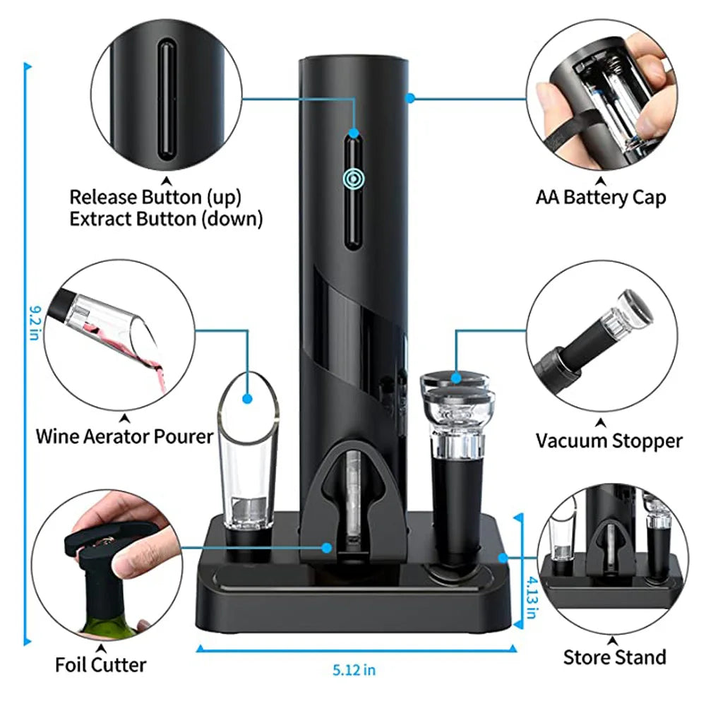 Electric Wine Opener - Automatic Corkscrew with Stand Holder, Foil Cutter, and Beer Bottle Opener - Kitchen and Bar Can Opener