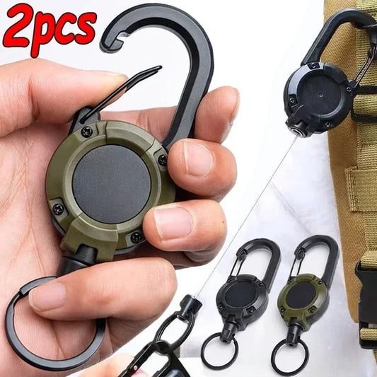 Heavy Duty Retractable Pull Badges ID Reel - Carabiner Key Chain with Steel Wire Rope Buckle - Outdoor Keychain Tools (1 or 2 pcs)