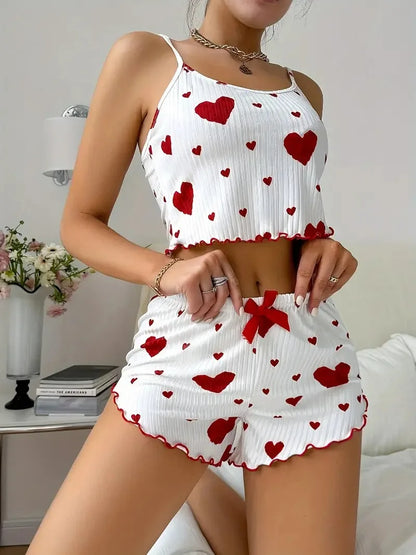 Summer Women's Heart Print Pajama Set - Relaxed Fit Round Neck Backless Crop Cami Top and Shorts Loungewear