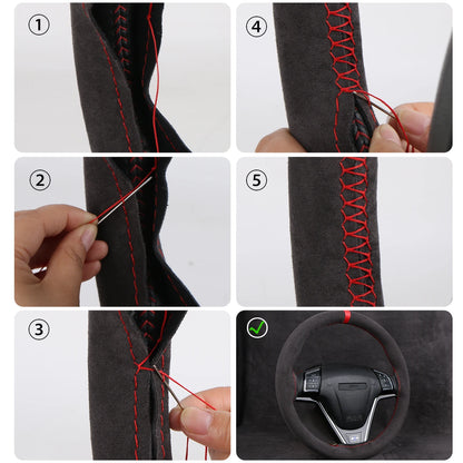 Universal Suede Car Steering Wheel Cover - Hand-Sewn Soft Leather Braiding, Non-Slip and Ventilated Auto Wheel Protector