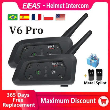 Ultimate Riding Companion: EJEAS V6 PRO Bluetooth Motorcycle Helmet Intercom Headset - Connects 6 Riders, 1200M Range, Waterproof