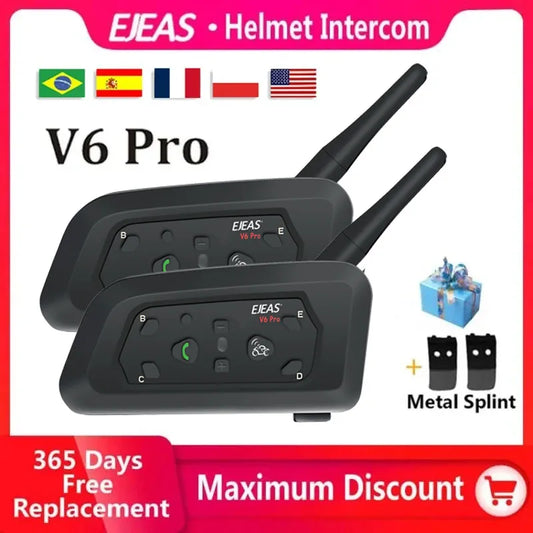 Ultimate Riding Companion: EJEAS V6 PRO Bluetooth Motorcycle Helmet Intercom Headset - Connects 6 Riders, 1200M Range, Waterproof