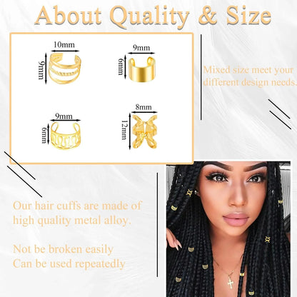 40PCS Gold Hair Jewelry for Braids – Adjustable Cuffs, Rings, and Beads for Locs and Dreadlocks