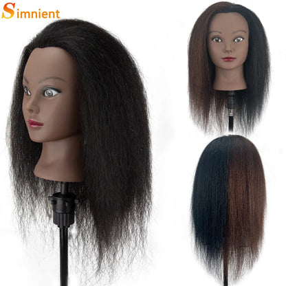 African Mannequin Head - 100% Real Hair Hairdresser Training Head with Tripod Stand - Cosmetology Doll Head for Braiding and Styling Practice