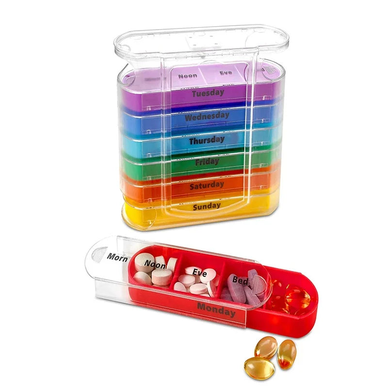 Portable Weekly Pill Box: Colorful Stackable Design for 7 Days, 4 Times a Day Medicine Storage - Plastic Dispenser Organizer