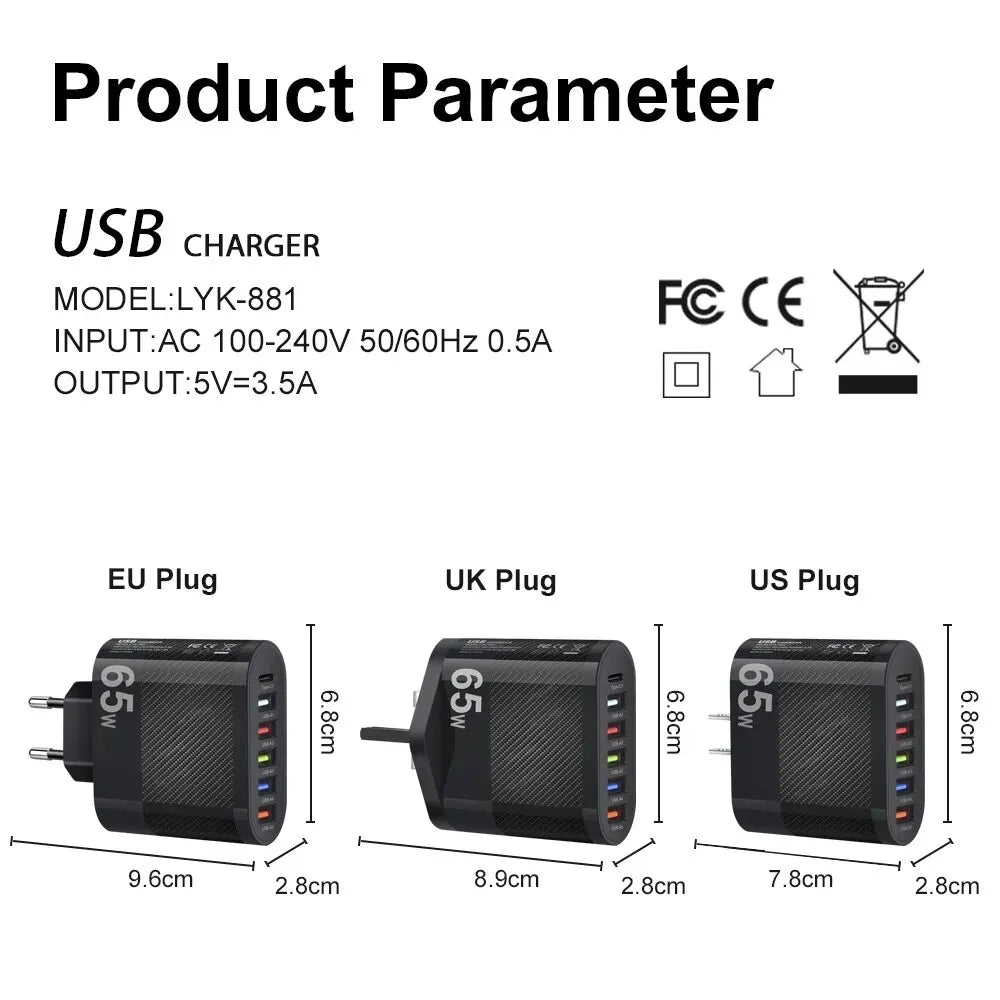 5-Port USB Charger with 3.1A PD Fast Charging for Xiaomi, iPhone 13, Samsung - QC 3.0 Wall Charger