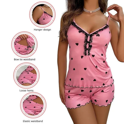 Sexy Summer Two-Piece Women's Pajama Set - Deep V-Neck Top and Shorts, Sleeveless Nightwear for Ladies