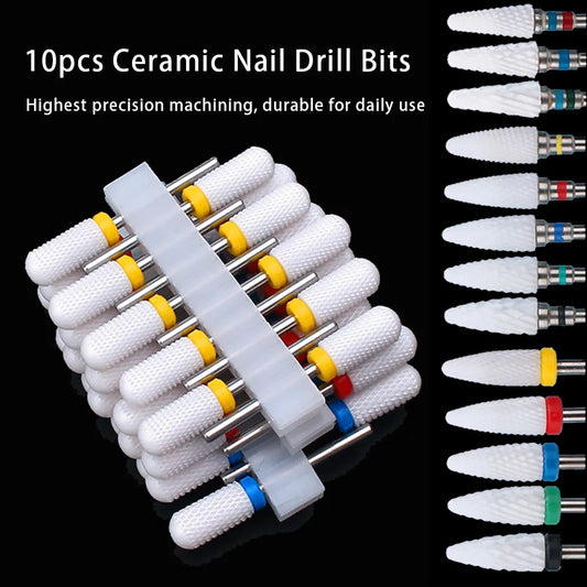 10pcs Ceramic Nail Drill Bits Set - Milling Cutter for Electric Manicure - Flame Corn Files Pedicure Machine Polish Accessories