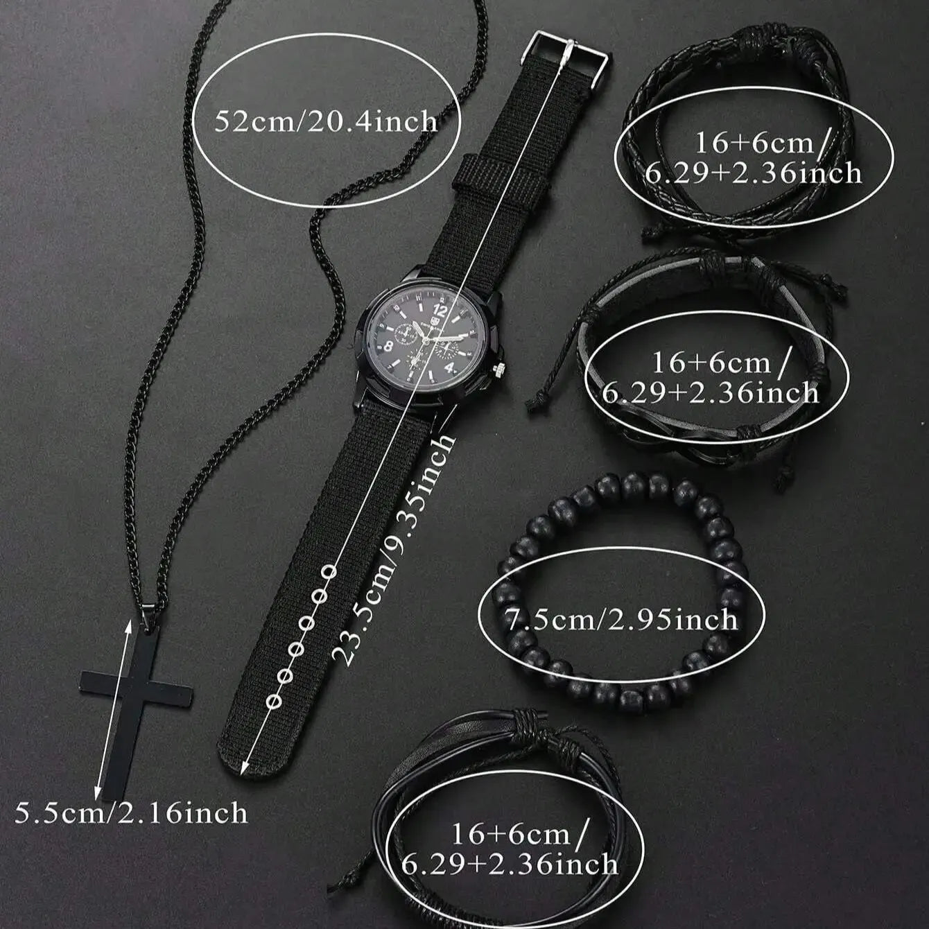 6PCS Men's Fashion Set - '8' Shaped Pu Leather Beaded Bracelet, Mechanical Watch and Cross Pendant Necklace in Black