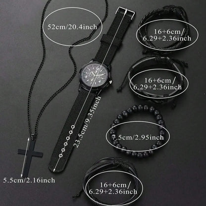 6PCS Men's Fashion Set - '8' Shaped Pu Leather Beaded Bracelet, Mechanical Watch and Cross Pendant Necklace in Black