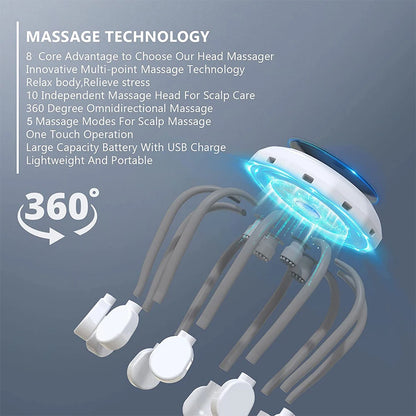 Relax with Electric Scalp Massager: Red Light Vibrator Octopus Head Scratcher - Soothe Stress, Migraine, and Tension - Rechargeable for Convenient Relaxation