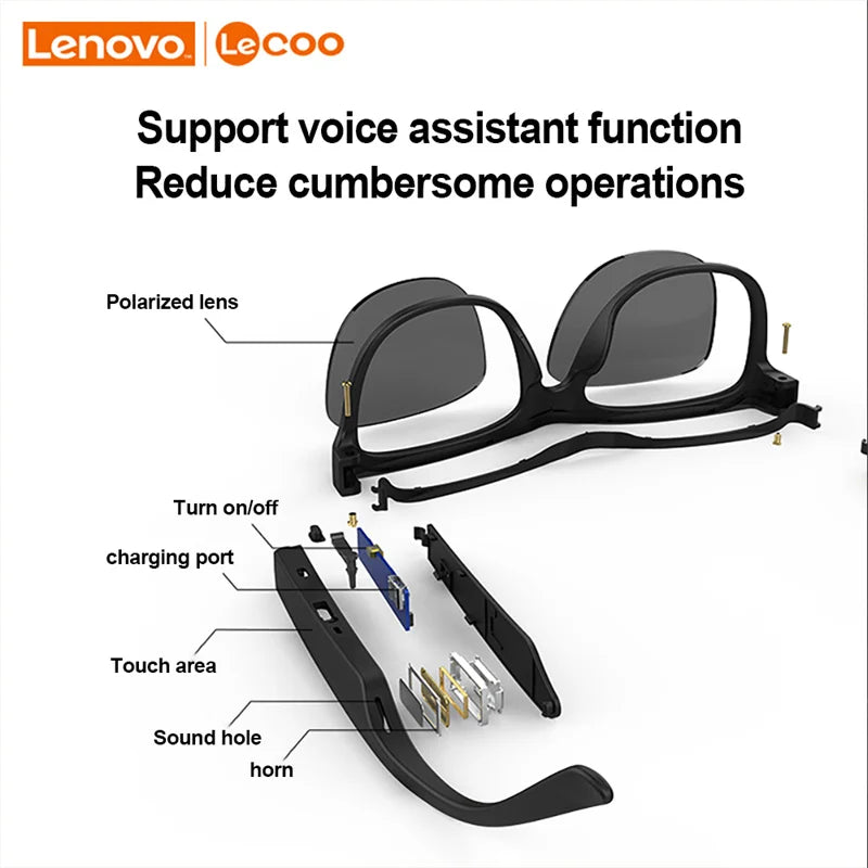 Lenovo Lecoo C8 Smart Glasses Headset - Wireless Bluetooth Sunglasses with HD Mic, Earphone and Calling Headphones for Outdoor Sports