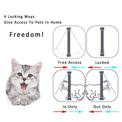4 Way Security Lock Cat Flap Door: Controllable Switch, Transparent ABS Plastic Gate - Puppy Kitten Safety In&Out Pet Doors Kit