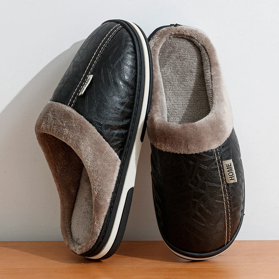 Men's PU Leather Slippers - Large Sizes, Waterproof Fur-Lined Indoor Winter House Shoes