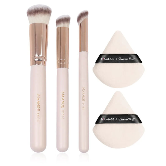 Maange 5-Piece Makeup Brush and Triangle Powder Puff Set - Concealer, Eye Shadow, Blending Cosmetic Beauty Tools