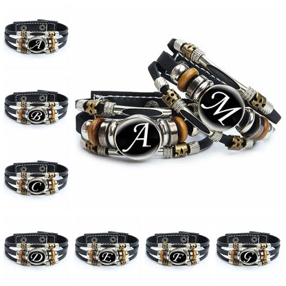 Artistic Letter A-Z Leather Bracelet - Adjustable Initial Cabochon Glass Snap Bracelet for Men & Women - Trendy Gift Accessory