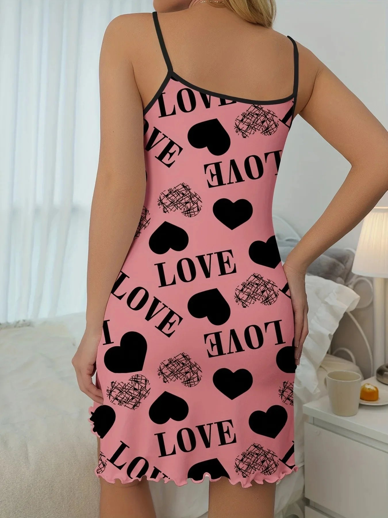 Casual Heart and  Letter Print Nightdress - Lettuce Trim Sexy Slip Short Nightdress, Women's Sleepwear and Dresses